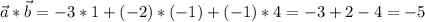 \vec{a}*\vec{b}=-3*1+(-2)*(-1)+(-1)*4=-3+2-4=-5