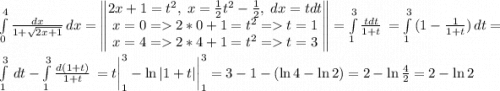 \int\limits^4_0 {\frac{dx}{1+\sqrt{2x+1} } } \, dx =\begin{Vmatrix} 2x+1=t^2, \; x=\frac{1}{2} t^2-\frac{1}{2}, \; dx=tdt\\x=0 =2*0+1=t^2 = t=1\\x=4=2*4+1=t^2 = t=3\end{Vmatrix}=\int\limits^3_1 {\frac{tdt}{1+t} } \, =\int\limits^3_1 {(1-\frac{1}{1+t}) } \, dt =\\\int\limits^3_1 {} \, dt -\int\limits^3_1 {\frac{d(1+t)}{1+t} } \, =t\bigg|_1^3-\ln| 1+t| \bigg|_1^3=3-1-(\ln4-\ln2)=2-\ln\frac{4}{2}=2-\ln2