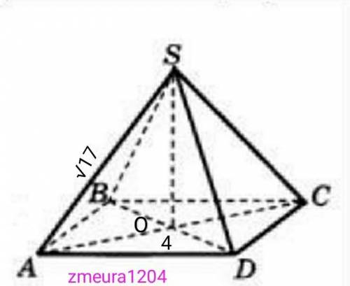 Найдите обьем правильной четырехугольной пирамиды, сторона основания которой 4, а боковое ребро коре