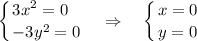 \displaystyle \left \{ {{3x^2=0\hfill} \atop {-3y^2=0}} \right. \quad \Rightarrow \quad \left \{ {{x=0} \atop {y=0}} \right.