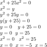 {x}^{4} + 25 {x}^{2} = 0 \\ {x}^{2} = y \\ {y}^{2} + 25y = 0 \\ y(y + 25) = 0 \\ y = 0 \: \: \: \: \: y + 25 = 0 \\ y = 0 \: \: \: y = 25 \\ {x}^{2} = 0 \: \: \: \: {x}^{2} = 25 \\ x = 0 \: \: \: x = - 5 \: \: \: x = 5