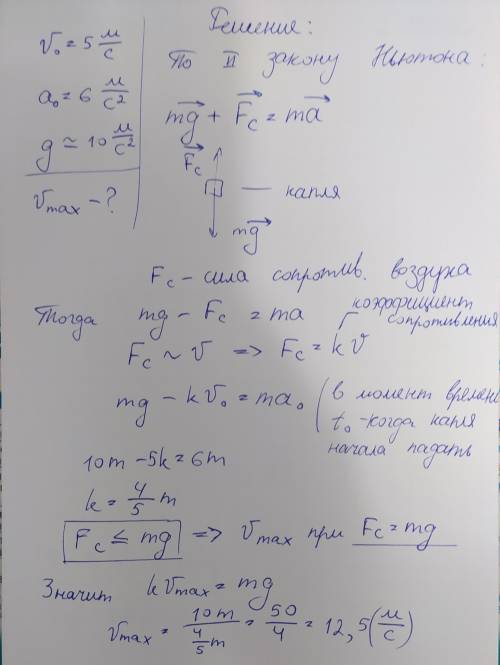 Мелкая дождевая капля, образовавшаяся в облаке, после вылета из него двигалась вертикально вниз с ус