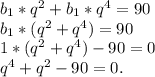 b_1*q^2+b_1*q^4=90\\b_1*(q^2+q^4)=90\\1*(q^2+q^4)-90=0\\q^4+q^2-90=0.\\