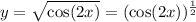 y = \sqrt{ \cos(2x) } = ( \cos(2x)) {}^{ \frac{1}{2} }