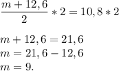 \dfrac{m+12,6}{2} * 2 = 10,8 * 2\\\\m + 12,6 = 21,6\\m = 21,6 - 12,6\\m = 9.