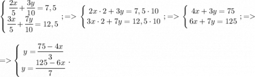 \left \Biggg\{ {\big{\dfrac{2x}{5} +\dfrac{3y}{10} =7,5} \atop \big{\dfrac{3x}{5} +\dfrac{7y}{10} =12,5}} \right.; = \left \Bigg\{ {\big{2x \cdot 2+3y=7,5 \cdot 10} \atop \big{3x \cdot 2 +7y=12,5 \cdot 10}} \right.; =\left \Bigg\{ {\big{4x+3y=75 } \atop \big{6x+7y=125}} \right.;=\\\\\\= \left \Biggg \{ {\big{y=\dfrac{75-4x}{3} } \atop \big{y=\dfrac{125-6x}{7} }} \right..