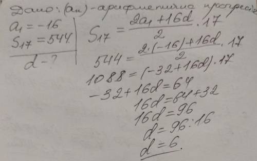 )) знайдіть різницю арифметичної прогресії перший член якої дорівнює -16 , а сума перших сімнадцяти