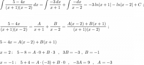 \displaystyle \int \frac{5-4x}{(x+1)(x-2)}\, dx=\int \frac{-3\, dx}{x+1}+\int \frac{-dx}{x-2}=-3\, ln|x+1|-ln|x-2|+C\ ;\\\\\\\\\frac{5-4x}{(x+1)(x-2)}=\frac{A}{x+1}+\frac{B}{x-2}=\frac{A(x-2)+B(x+1)}{(x+1)(x-2)}\ ;\\\\\\5-4x=A(x-2)+B(x+1)\\\\x=2:\ \ 5-8=A\cdot 0+B\cdot 3\ \ ,\ \ 3B=-3\ ,\ B=-1\\\\x=-1:\ \ 5+4=A\cdot (-3)+B\cdot 0\ \ ,\ \ -3A=9\ \ ,\ \ A=-3