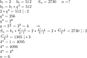 b_1=2\ \ \ \ b_5=512\ \ \ \ \ S_n=2730\ \ \ \ n=?\\b_5=b_1*q^4=512\\2*q^4=512\ |:2\\q^4=256\\q^4=2^8\\q=2^{\frac{8}{4}} =2^2=4.\ \ \ \ \Rightarrow\\S_n=b_1*\frac{q^n-1}{q-1}=2*\frac{4^n-1}{4-1}=2*\frac{4^n-1}{3} =2730\ |:2\\ \frac{4^n-1}{3} =1365\ |*3\\4^n-1=4095\\4^n=4096\\4^n=4^6\\n=6.