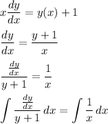 \displaystyle x\frac{dy}{dx} =y(x)+1\\\\\frac{dy}{dx} =\frac{y+1}{x} \\\\\frac{\frac{dy}{dx} }{y+1} =\frac{1}{x} \\\\\int {\frac{\frac{dy}{dx} }{y+1} } \, dx =\int {\frac{1}{x} } \, dx