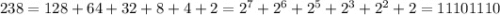 238 = 128 + 64 + 32 + 8 + 4 + 2 = 2^{7} + 2^{6} + 2^{5} + 2^{3} + 2^{2} + 2 = 11101110