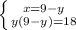 \left \{ {{x=9-y} \atop {y(9-y)=18}} \right.