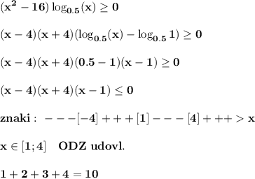 \displaystyle\bf(x^2-16)\log_{0.5}(x)\geq 0\\\\(x-4)(x+4)(\log_{0.5}(x)-\log_{0.5}1)\geq 0\\\\(x-4)(x+4)(0.5-1)(x-1)\geq 0\\\\(x-4)(x+4)(x-1)\leq 0\\\\znaki:\ ---[-4]+++[1]---[4]+++x\\\\x\in[1;4]\ \ \ ODZ\ udovl.\\\\1+2+3+4=10