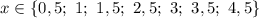 x \in \{0,5; \ 1; \ 1,5 ; \ 2,5; \ 3 ; \ 3,5; \ 4,5 \}