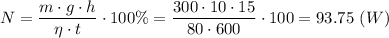 N = \dfrac{m\cdot g\cdot h}{\eta\cdot t} \cdot 100\% = \dfrac{300\cdot 10\cdot 15}{80\cdot 600} \cdot 100 = 93.75~(W)