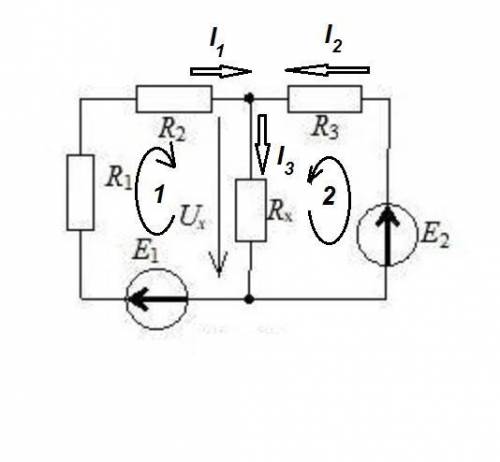 Определите напряжение Ux, если R1= 1 Ом, R2= 3 Ом, R3= 4 Ом, Rx = 4 Ом, E1 = 3 В, Е2 = 6 В.