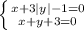 \left \{ {{x+3|y|-1=0} \atop {x+y+3=0}} \right.