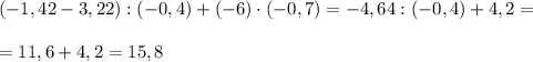 (-1,42-3,22):(-0,4)+(-6)\cdot (-0,7)=-4,64:(-0,4)+4,2=\\\\=11,6+4,2=15,8