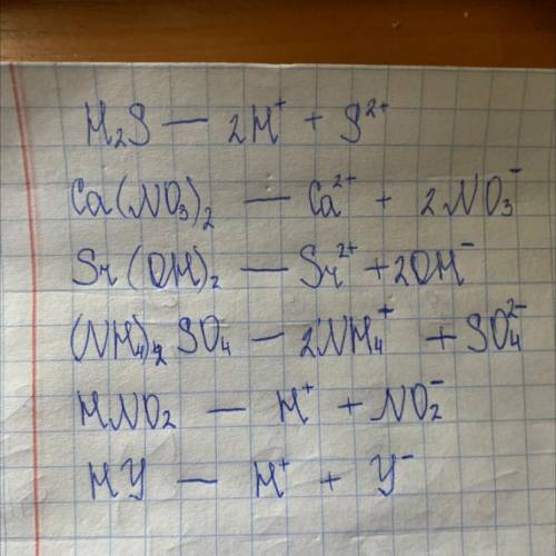 HY, H2S, Ca(NO3)2,Sr(OH)2,(NH4)2SO4,HNO2 Написать уравнение дисоциации веществ .