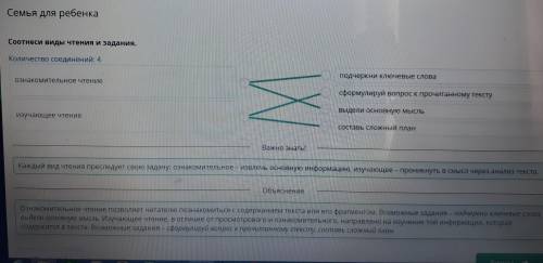 Семья для ребенка Соотнеси виды чтения и задания.Количество соединений: 4подчеркни Ключевые словаозн