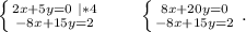 \left \{ {{2x+5y=0\ |*4} \atop {-8x+15y=2}} \right. \ \ \ \ \ \ \left \{ {{8x+20y=0} \atop {-8x+15y=2}} \right. .