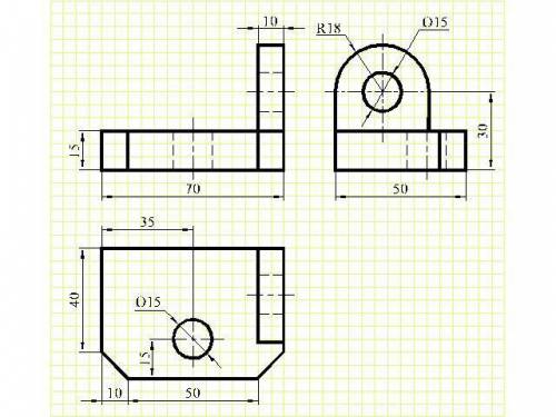 По наглядному изображению детали выполните чертёж в трёх проекциях. На чертеже нанесите размеры. Рис