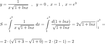 y=\dfrac{1}{x\, \sqrt{1+lnx}}\ \ ,\ \ y=0\ ,\ x=1\ ,\ x=e^3\\\\\\\displaystyle S=\int\limits^{e^3}_1\, \dfrac{1}{x\, \sqrt{1+lnx}}\, dx=\int\limits^{e^3}_1\, \frac{d(1+lnx)}{\sqrt{1+lnx}}=2\sqrt{1+lnx}\, \Big|_1^{e^3}=\\\\\\=2\cdot (\sqrt{1+3}-\sqrt{1+0})=2\cdot (2-1)=2