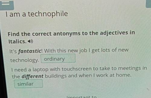 I am a technophile Find the correct antonyms to the adjectives in Italics. It's fantastic! With this