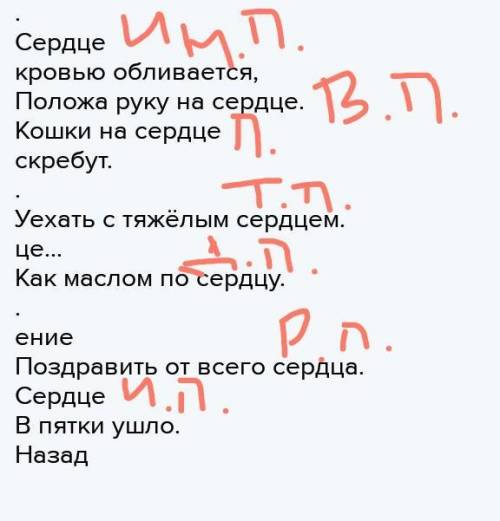 Х. Определи падеж существительного «серд . Сердце кровью обливается, Положа руку на сердце. Кошки на