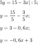 5y=15-3x|:5 ;\\\\y= \dfrac{15}{5} - \dfrac{3}{5} x;\\\\y=3- 0,6x;\\\\y=-0,6x+3