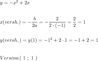 y=-x^2+2x\\\\\\x(versh.)=-\dfrac{b}{2a}=-\dfrac{2}{2\cdot (-1)}=\dfrac{2}{2}=1\\\\\\y(versh,)=y(1)=-1^2+2\cdot 1=-1+2=1\\\\\\Versina\, (\ 1\ ;\ 1\ )