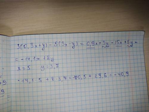 Упрости выражение 3(0,3x+y)−5(3x−y) и найди его значение, если x=5 и y=3,7.