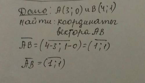 Знайдіть координати вектора AB, якщо A(3;0) B(4;-1)