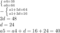 \left \{ {{a4=16} \atop {a6=64}} \right. \\-\left \{ {{a1+5d=64} \atop {a1+3d=16}} \right. \\2d=48\\d=24\\a5=a4+d=16+24=40