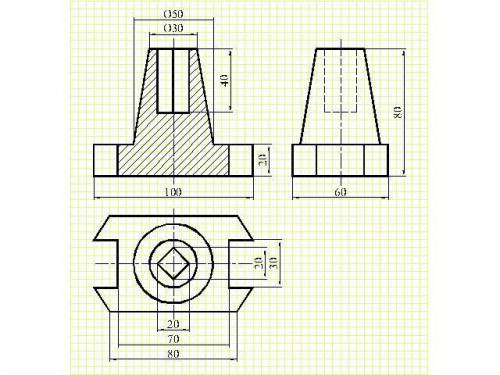 Черчение. По двум видам детали построить третий. Выполнить разрезы в изомерии с вырезом четверти