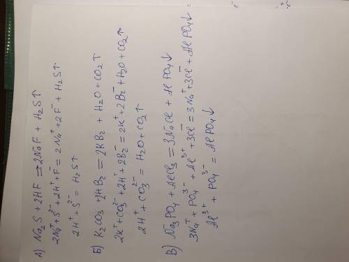Напишіть повні, скорочені йонні рівняння реакцій для таких пар речовин, де це можливо: А) Na2S+HF Б)