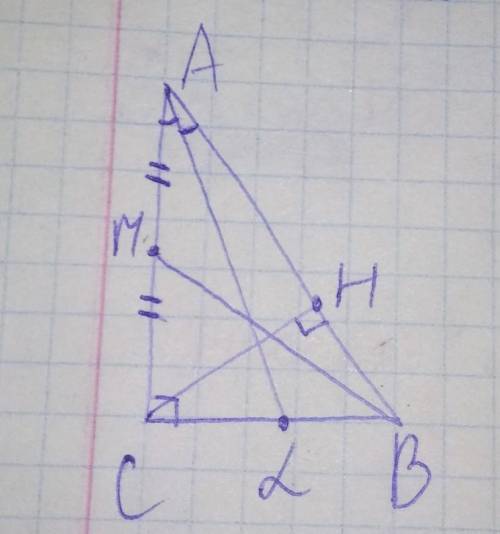 Накресли трикутник ABC із прямим кутом С та проведи висоту CH, бісектрису AL та медіану вм. Познач н