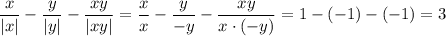 \dfrac{x}{|x|}-\dfrac{y}{|y|}-\dfrac{xy}{|xy|}=\dfrac{x}{x}-\dfrac{y}{-y}-\dfrac{xy}{x\cdot(-y)}=1-(-1)-(-1)=3