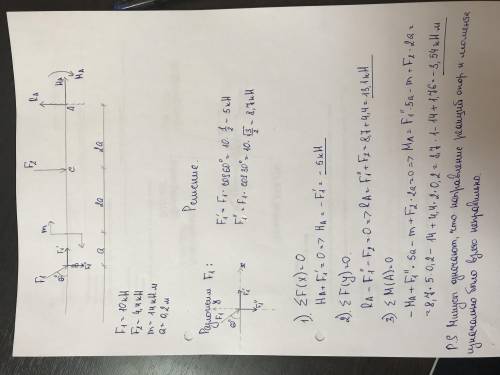 Техническая механика F1=10 kHF2=4.4 kHm=14 kH*ma = 0.2 mНайдите реакцию