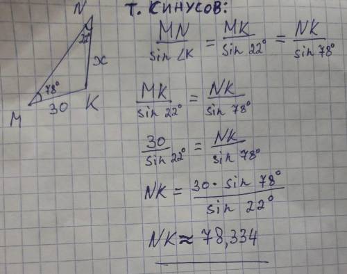 В треугольнике MNK угол M-78 градусов,угол N 22 градусов,MK 30 Чему равна сторона NK