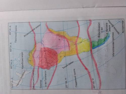 Проведіть на картосхемі «Південна Америка» межі кліматичних поясів та областей материка. Визначте ро