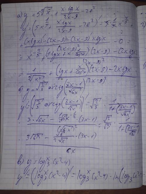 Знайти похідні у x для заданих функцій. В пунктах а), б) знайти диференціали.