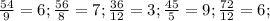 \frac{54}{9} = 6; \frac{56}{8} = 7; \frac{36}{12} = 3; \frac{45}{5} = 9; \frac{72}{12} = 6;