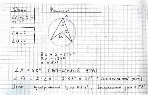 Сумма центрального и вписанного углв, опирающиеся на одну дугу,равна 174 градуса.Найти эти углы