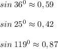 sin\;36^0\approx 0,59\\\\sin\;25^0\approx 0,42\\\\sin\;119^0\approx 0,87