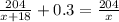 \frac{204}{x+18}+0.3=\frac{204}{x}