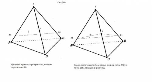 . Изобразите тетраэдр SABC, все ребра которого равны. Постройте сечение параллельно ребру AB через т