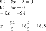 \displaystyle92-5x+2=0\\94-5x=0\\-5x=-94\\\\ x=\frac{94}{5}=18\frac{4}{5}=18,8