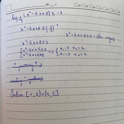 Решите неравенство: log 1/3 (x^2-6x+8)≥-1