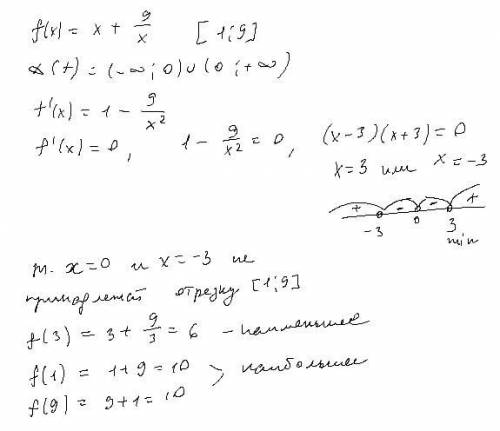 Найдите наибольшее и наименьшее значения функции f(x)=x+9/x на промежутке [1;9]